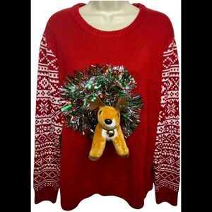 Unbranded Christmas Holiday Jingling Reindeer Knit Sweater Red White XL